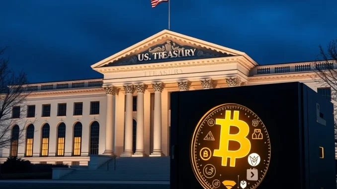 US Treasury exploring the potential inclusion of Bitcoin and digital assets in national strategic reserves, symbolizing a shift in financial policy.