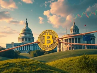 A tug-of-war between US and EU symbols pulling on a Bitcoin price chart, illustrating how US-EU trade tensions impact Bitcoin's stability.