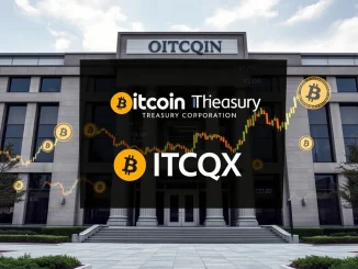 Bitcoin Treasury Corporation's OTCQX listing logo against a backdrop of rising financial charts, signifying enhanced market access.