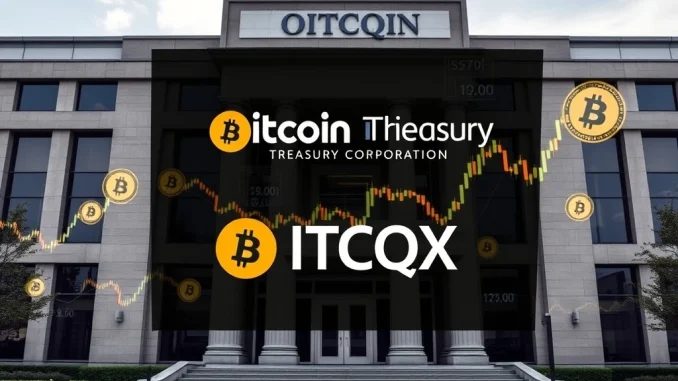 Bitcoin Treasury Corporation's OTCQX listing logo against a backdrop of rising financial charts, signifying enhanced market access.