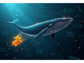 An illustration depicting a large digital whale moving Bitcoin (BTC) coins across a blockchain, symbolizing a significant dormant Bitcoin transfer and its potential crypto market impact.