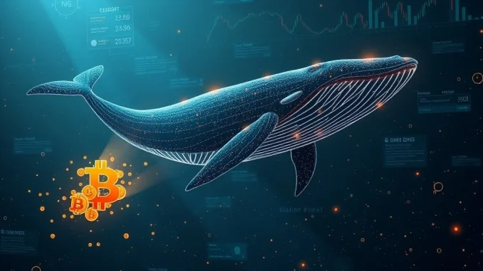 An illustration depicting a large digital whale moving Bitcoin (BTC) coins across a blockchain, symbolizing a significant dormant Bitcoin transfer and its potential crypto market impact.