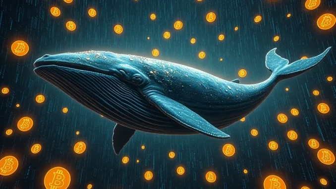 A digital whale moving a large sum of dormant Bitcoin, symbolizing the historic BTC whale movement and its massive crypto profit.