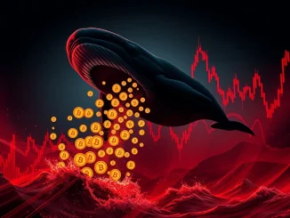 Depicts Bitcoin whales selling a large amount of BTC, symbolizing a significant market shift and investor caution in the crypto space.