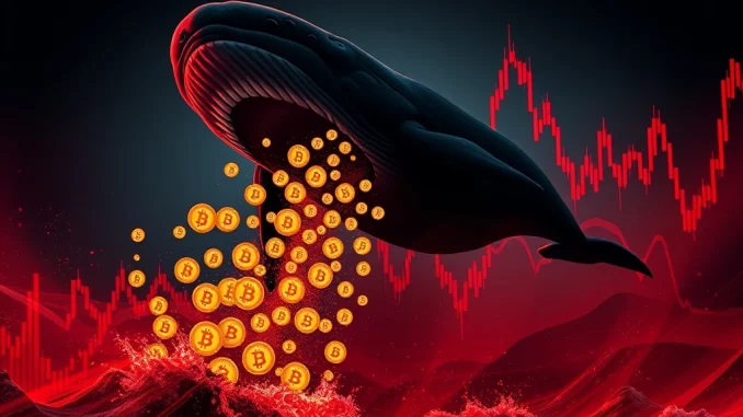 Depicts Bitcoin whales selling a large amount of BTC, symbolizing a significant market shift and investor caution in the crypto space.