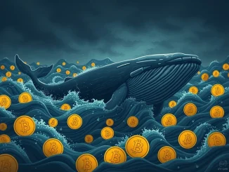 A large digital whale diving into Bitcoin logos, symbolizing the significant **BTC whale sell-off** and its impact on market dynamics.