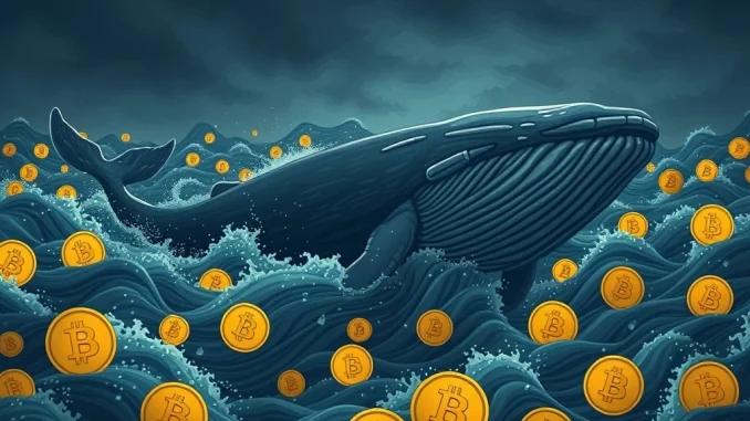 Bitcoin Whales Unleash Massive 147K BTC Sell-Off, Sparking Market Concerns A large digital whale diving into Bitcoin logos, symbolizing the significant **BTC whale sell-off** and its impact on market dynamics.