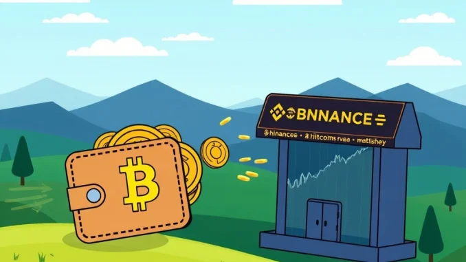 An illustration showing a secure digital wallet receiving a significant Bitcoin withdrawal from a Binance exchange, symbolizing long-term Bitcoin holdings and a major BTC transfer.