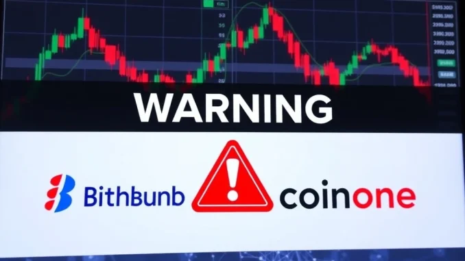 Bithumb Coinone investment warning for LBL and KSP crypto tokens, symbolizing risk for South Korean crypto exchange users.