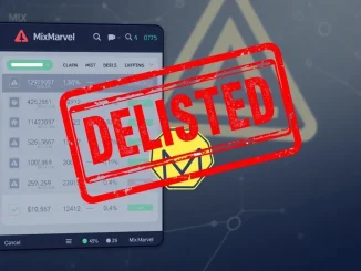 A digital screen displaying a 'Delisted' notification over the MixMarvel (MIX) token, symbolizing Bithumb's decision to delist MixMarvel.