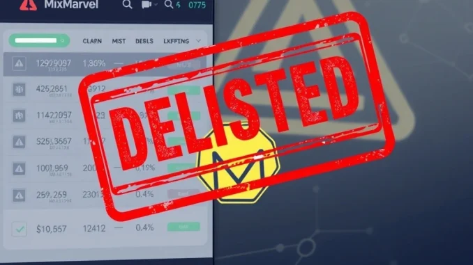 A digital screen displaying a 'Delisted' notification over the MixMarvel (MIX) token, symbolizing Bithumb's decision to delist MixMarvel.