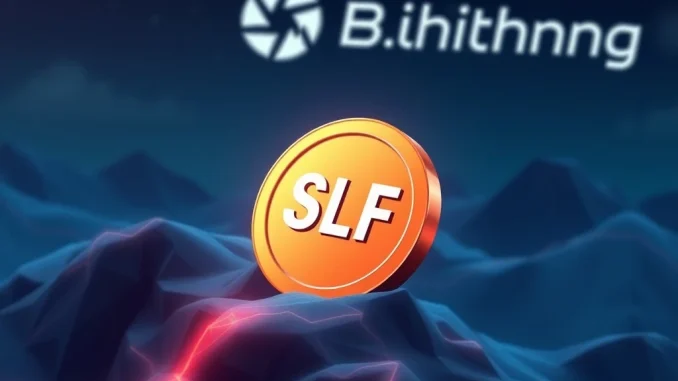 A digital representation of the Self Chain (SLF) logo being removed from a trading platform, illustrating that Bithumb delists SLF.