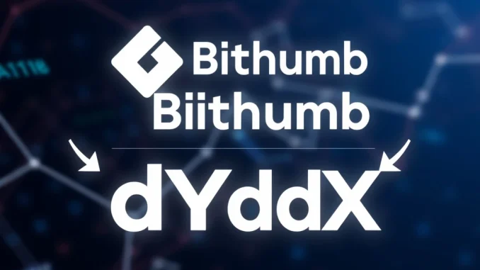 An image showing the Bithumb logo next to the dYdX logo, illustrating the temporary **Bithumb DYDX suspension** for a network upgrade.