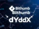 An image showing the Bithumb logo next to the dYdX logo, illustrating the temporary **Bithumb DYDX suspension** for a network upgrade.