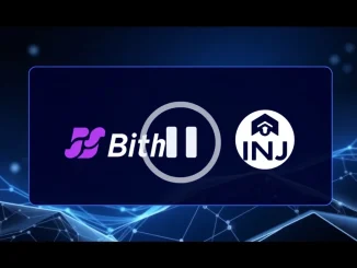 A digital graphic showing Bithumb and Injective (INJ) logos, symbolizing the temporary Bithumb suspension for a mainnet upgrade.