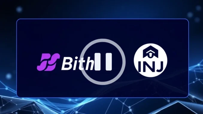 A digital graphic showing Bithumb and Injective (INJ) logos, symbolizing the temporary Bithumb suspension for a mainnet upgrade.