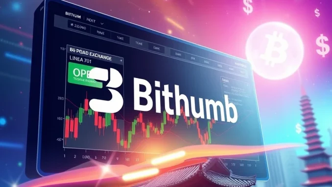 Bithumb listings announcement for OpenLedger and Linea tokens on a digital trading screen, highlighting the significant crypto exchange news.