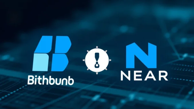 Bithumb crypto exchange logo with NEAR Protocol symbol, indicating a temporary deposit suspension for a mainnet upgrade.