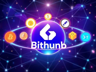 Bithumb's logo surrounded by cryptocurrency symbols, representing the exciting addition of new USDT and BTC trading pairs on the crypto exchange.