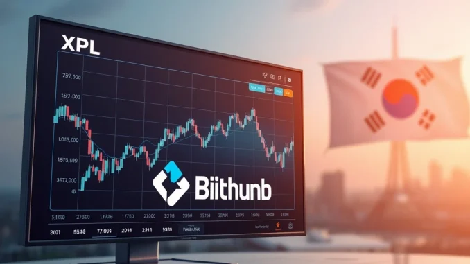 A digital screen showing the Bithumb platform with Plasma XPL trading charts, highlighting the new XPL listing.