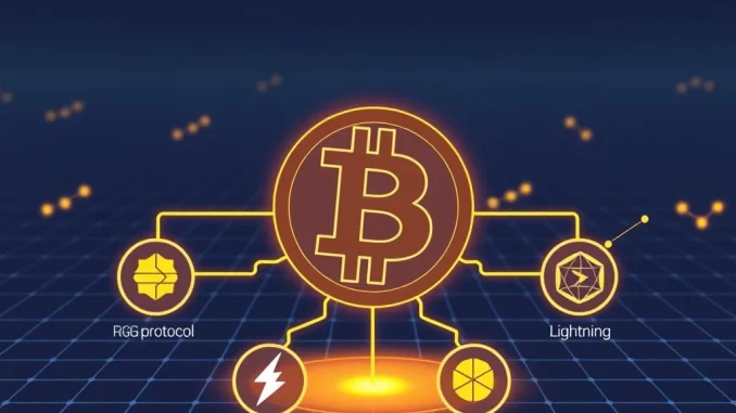An illustration depicting the RGB protocol expanding the Bitcoin ecosystem, fueled by Bitlight Labs funding and innovation.