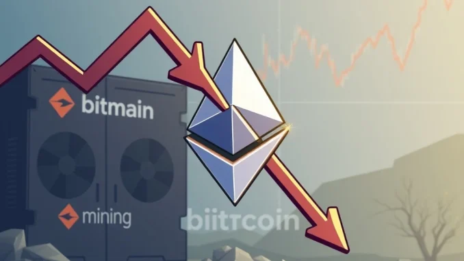 Chart illustrating Bitmain ETH holdings facing significant losses as Ethereum price falls, impacting the crypto giant's portfolio.