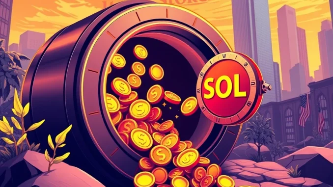 Bitmining's strategic Solana investment visualized, showing SOL tokens entering a secure digital vault, representing growth and financial strategy.