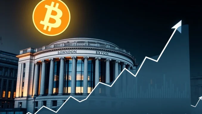Visualizing the BlackRock Bitcoin ETP launch on the London Stock Exchange, symbolizing a new era for UK crypto investments.