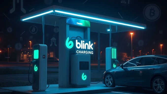 Blink Charging Revolutionizes EV Payments with Cryptocurrency An electric vehicle charges at a Blink Charging station, with a digital interface showing options for cryptocurrency payments.