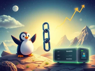 Visual representation of BlockDAG's mobile mining innovation alongside surging PENGU NFTs and Chainlink's (LINK) upward price trajectory.