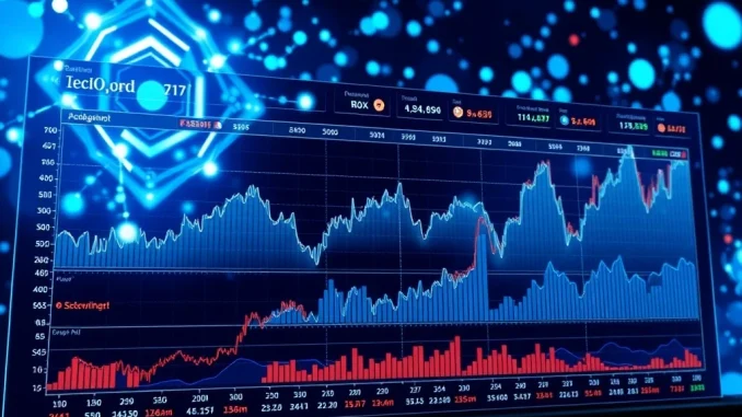 Bluefin trading volume surge visualized with upward financial charts and blockchain elements, signifying decentralized exchange growth.