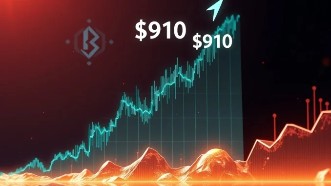 A chart showing the BNB all-time high, illustrating Binance Coin's price surge to $910 in the cryptocurrency market.