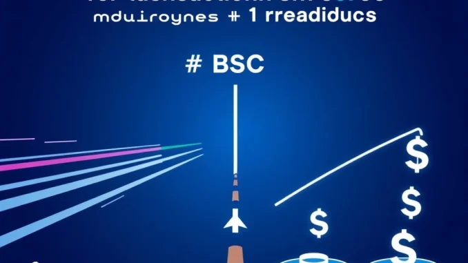 Visualizing the proposed BSC fee cut and increased block speeds, showing faster data flow and cost savings for BNB Smart Chain users.