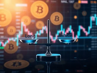 A visual representation of the BTC perpetual futures long/short ratio, showing market sentiment with a slight bearish tilt.