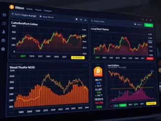 A dashboard displays BTC perpetual futures long/short ratios, revealing critical Bitcoin market sentiment trends.