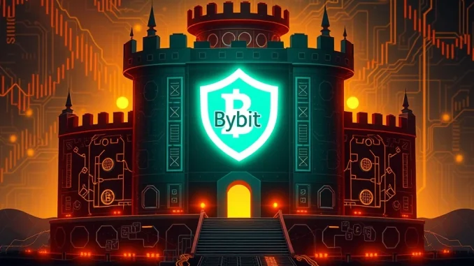 Bybit logo atop a secure digital vault, representing the exchange's firm denial of hacking rumors and commitment to digital asset security.