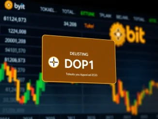 A digital screen showing Bybit's delisting announcement for the DOP1/USDT trading pair, emphasizing the urgency for traders.