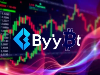Bybit logo prominently displayed alongside a digital representation of the LBTC crypto symbol, signifying the upcoming spot market listing.