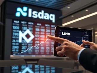 A Nasdaq company's strategic **Caliber LINK purchase** highlighted by stock tickers and Chainlink logos, symbolizing corporate crypto adoption.
