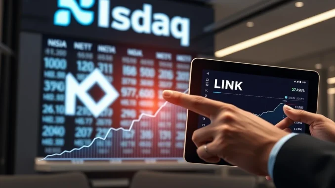 A Nasdaq company's strategic **Caliber LINK purchase** highlighted by stock tickers and Chainlink logos, symbolizing corporate crypto adoption.