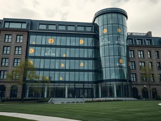 Capital B's strategic Bitcoin investment decision, represented by a European corporate building integrating digital BTC symbols.