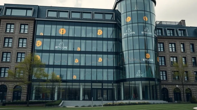 Capital B's strategic Bitcoin investment decision, represented by a European corporate building integrating digital BTC symbols.