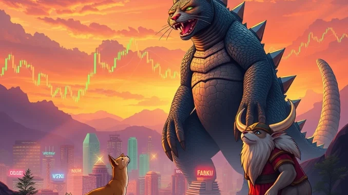 Catzilla, DOGE, and FLOKI characters in a vibrant digital landscape, symbolizing the intense meme coin rivalry driven by Catzilla's presale success.