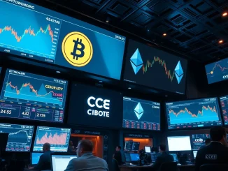 Screens displaying CBOE futures charts for Bitcoin and Ethereum, symbolizing the expansion of institutional crypto markets.