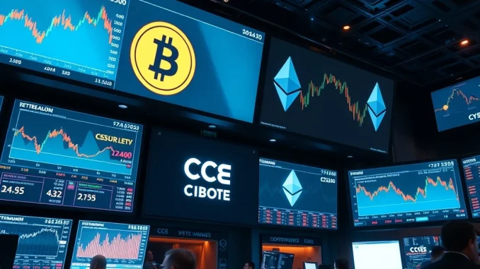 Screens displaying CBOE futures charts for Bitcoin and Ethereum, symbolizing the expansion of institutional crypto markets.
