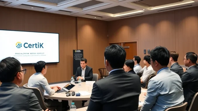 Attendees engaging in a CertiK stablecoins workshop at KBW2025, discussing blockchain regulation and Web3 security.