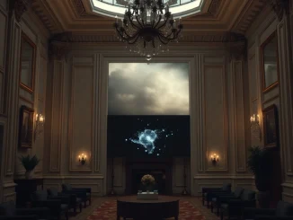 A subtle, fading digital art display in a sophisticated auction house, representing Christie's digital art department closing and the shift in the NFT market for Christie's digital art.