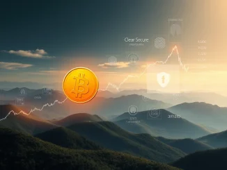 An upward-trending stock chart with a Bitcoin symbol and a biometric scan icon, illustrating the potential link between Bitcoin and Clear Secure shares.