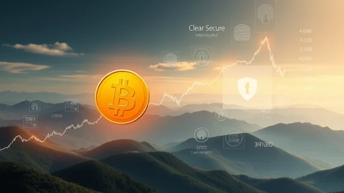 An upward-trending stock chart with a Bitcoin symbol and a biometric scan icon, illustrating the potential link between Bitcoin and Clear Secure shares.