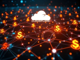 Cloudflare Netdollar stablecoin symbol flowing across a secure digital network, illustrating its purpose for cross-network transactions and advancing digital payments.